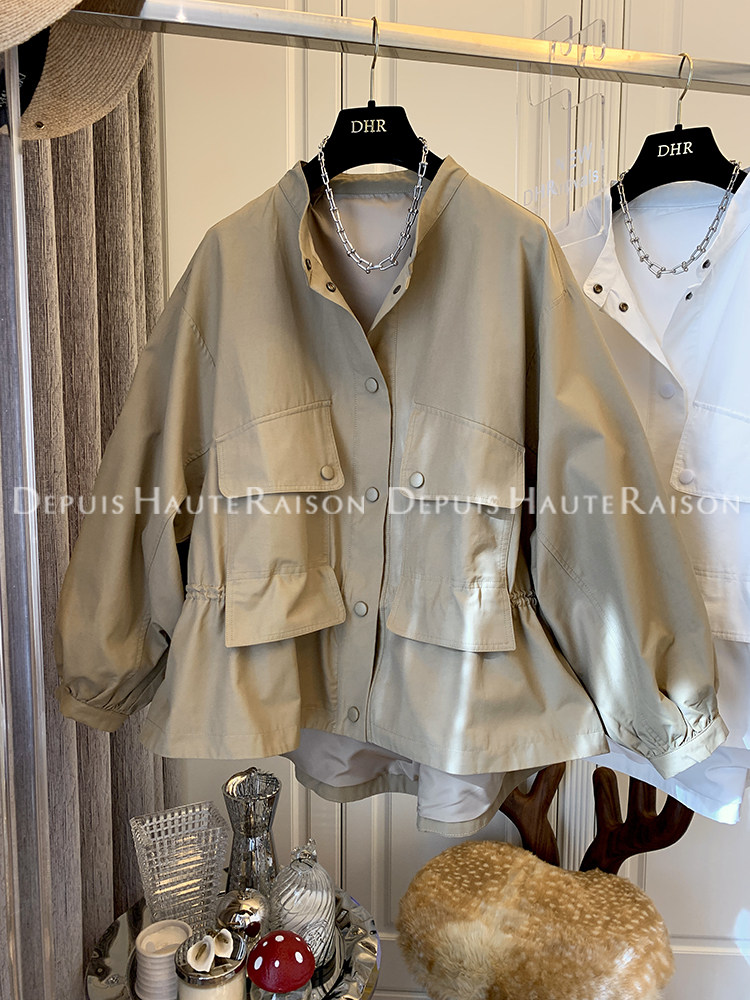 DHR front short rear long lotus leaf side windcoat jacket female spell receiving waist loose blouse design feeling small crowd 2022 spring