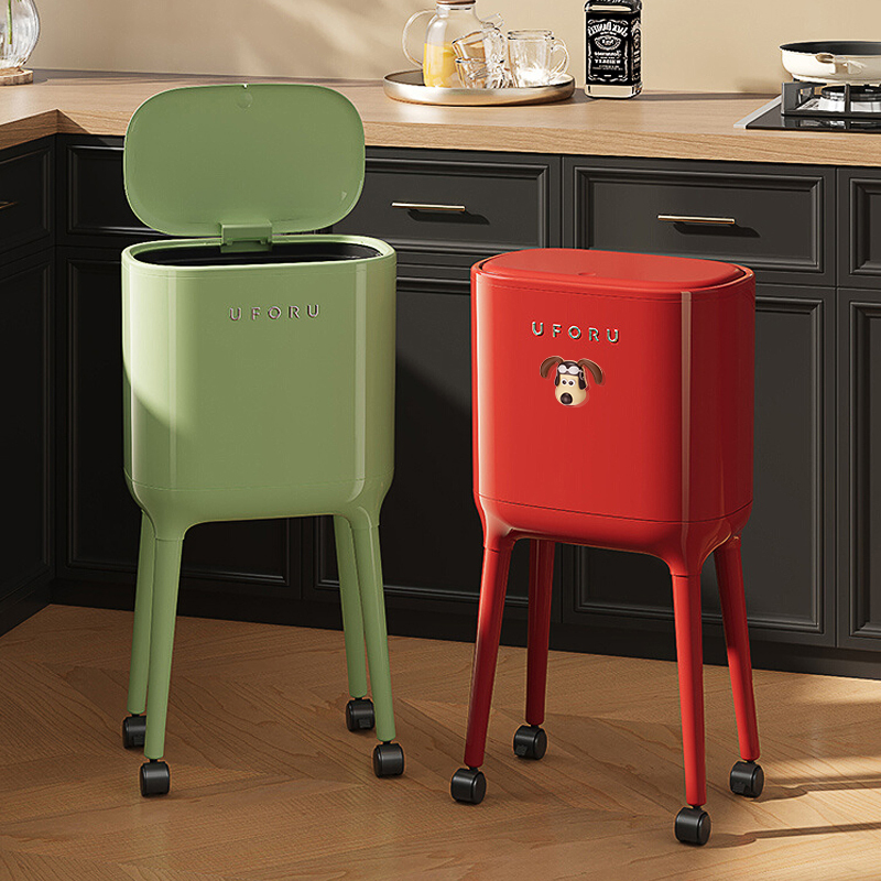 Ufuru Vintage-Style Retro Trash Can for Home Kitchen Use, No Need to Bend Over, with Wheels, Movable, Large Capacity, Press-Type
