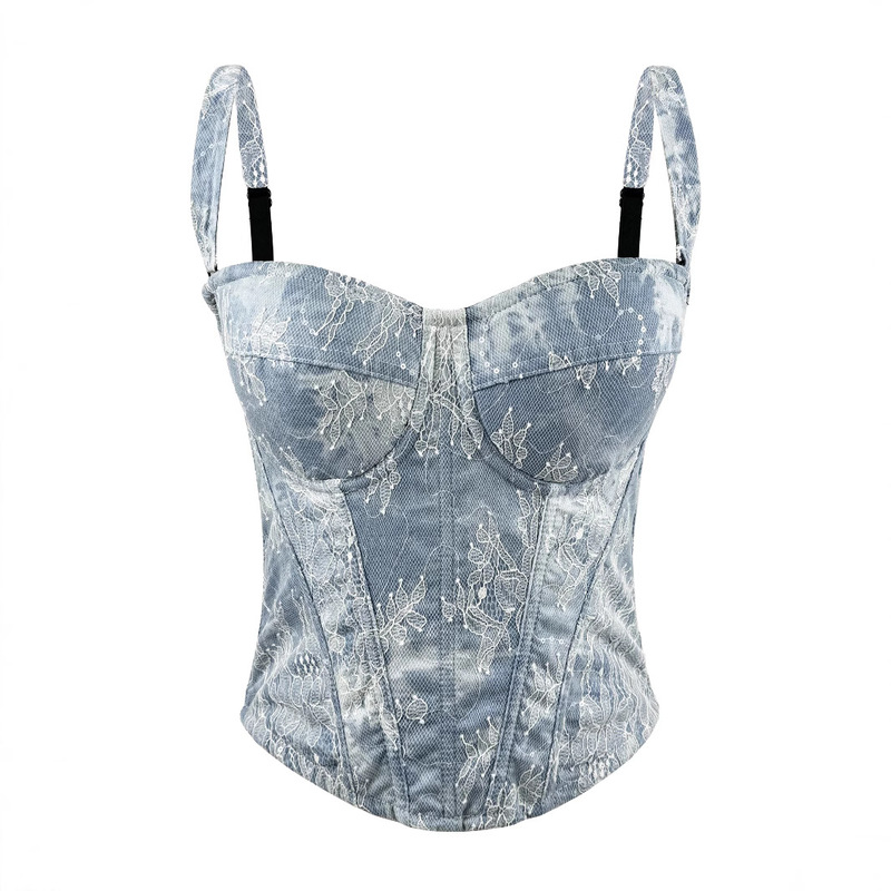 Denim Lace Outerwear Fishbone Corset Tank Top Camisole Short Top Tube Top Inner Layer Base Layer Sexy Hot Girl European and American Style
