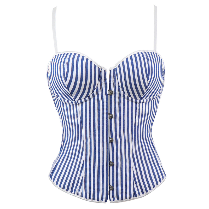 Striped Single-Breasted Outerwear Fishbone Corset Tank Top Camisole Short Top with Waist Tie Nautica Style Sexy Hot Girl