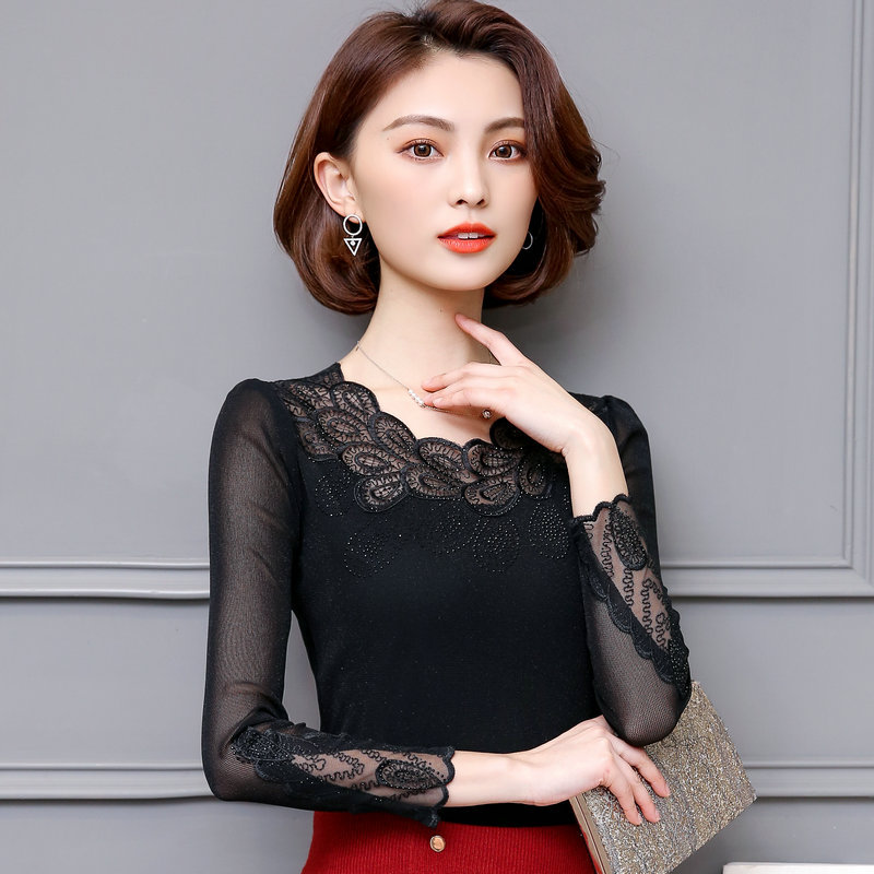 Women's New Autumn Lace Mesh Base Shirt, Long-Sleeved T-Shirt, Stylish Gauze Top, Low-Neck Slim-Fit Top