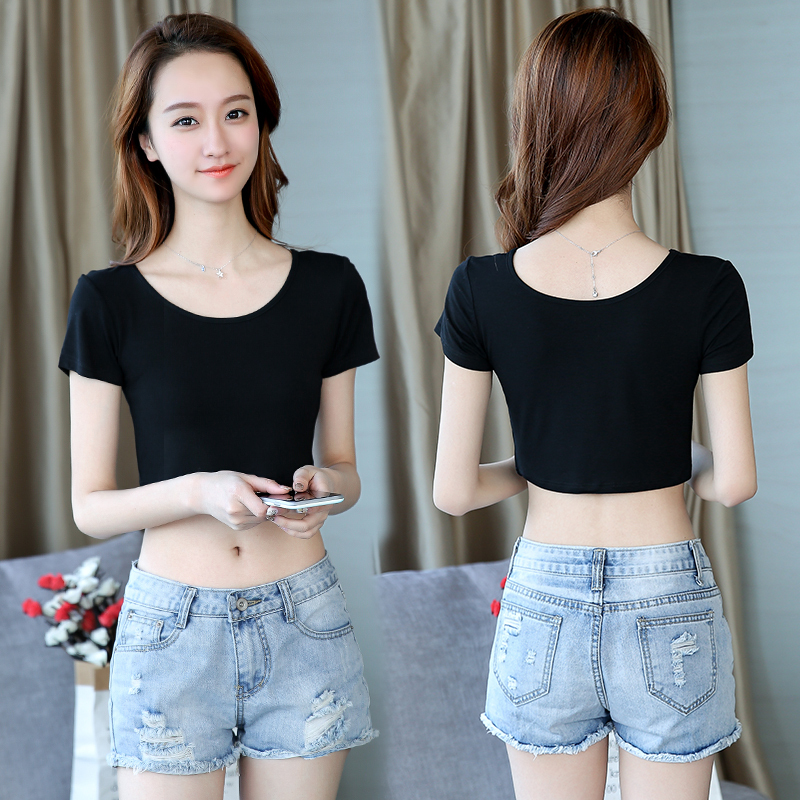 Summer Half-Length Top, Modal Base Layer, Black Sexy Half-Length Cover-Up, Short-Sleeved T-Shirt for Layering, Versatile Short Style for Women