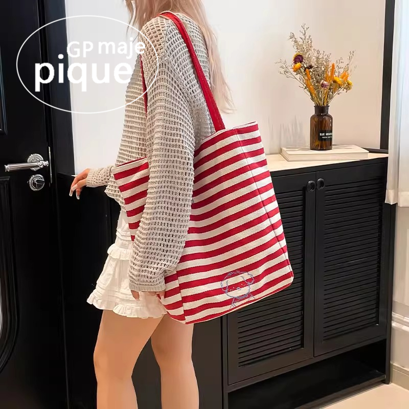 Japanese Gp Double-Sided Striped Canvas Bag for Women, New Korean Large-Capacity Shoulder Commuter Bag, Student Tote Bag