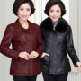 Phụ nữ trung niên mùa thu và mùa đông Da PU của phụ nữ dày áo khoác cổ vuông phần dài cộng với phân bón XL F2 áo da lộn lót lông