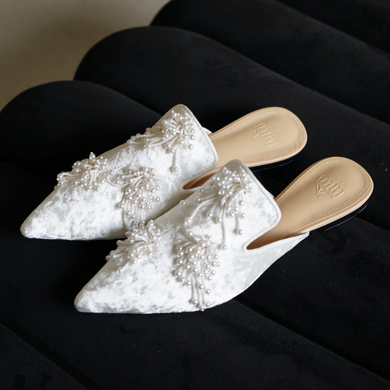 Bubufeifei Original Design White Pearl String Flat Half-Heel Women's Spring and Summer Lazy Pointed-Toe Mules