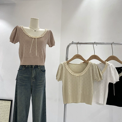 Кружевной трикотажный летний короткий брендовый свитер, в корейском стиле