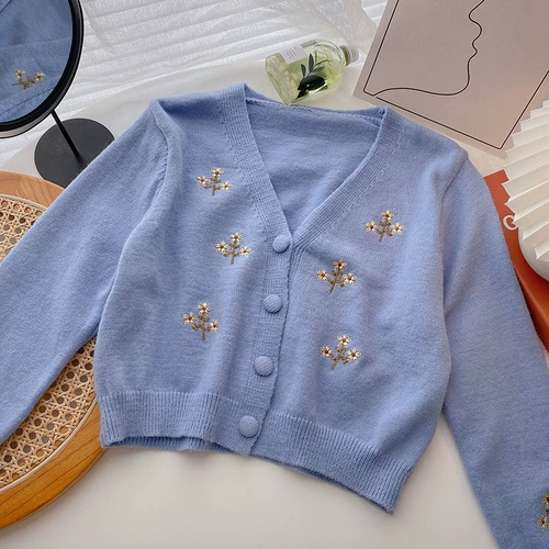 Трикотажный осенний свитер, милый короткий лонгслив, куртка, 2021 года, в корейском стиле, в западном стиле, цветочный принт, с вышивкой, V-образный вырез