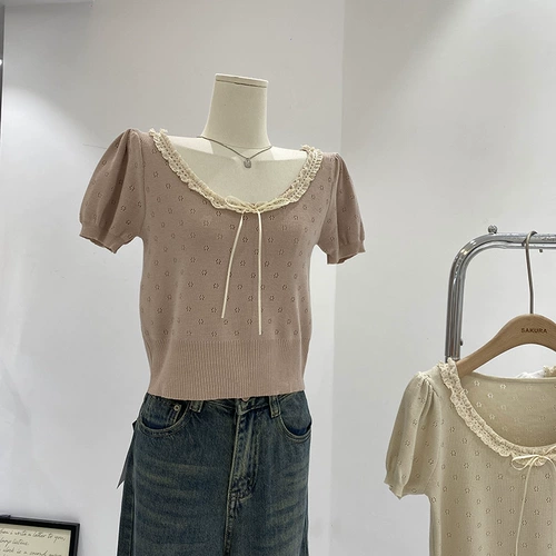 Кружевной трикотажный летний короткий брендовый свитер, в корейском стиле