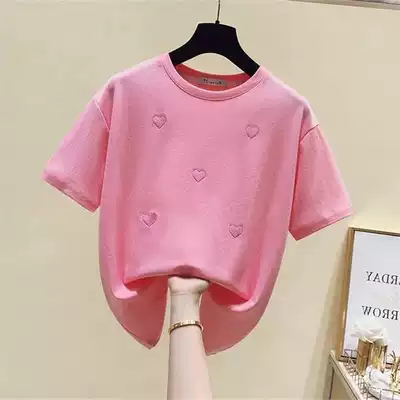 Female treasure cotton heart-shaped T-shirt 2021 New Korean version of Love embroidery foreign school girls short sleeve middle child coat summer T