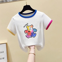 Girls summer new short-sleeved T-shirt 2021 medium and large children Korean version of foreign-style girls cotton wild color base shirt