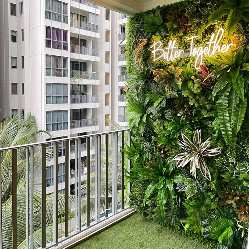 バイオニックグリーンプラントウォール造園シミュレーション3次元植物ウォールバルコニー背景屋外垂直緑化植物花壁芝生