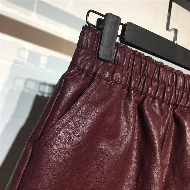 Quần da mùa thu đông mát mẻ Phiên bản Hàn Quốc mới của quần thun lưng cao một từ quần short da nữ hoang dã rộng chân rộng quần quần