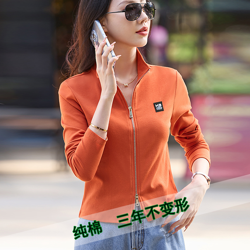 Short Zipper Long-Sleeved T-Shirt for Women, Pure Cotton, Loose Casual Cardigan, Stand-Up Collar Top, Spring and Autumn Outer Wear, Sports Shirt