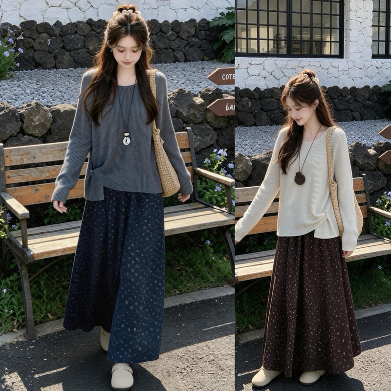 2026 Autumn Plus Size Women's Clothing for Fat Girls: Irregular Thin Knitted Top + Floral Skirt Two-Piece Set 2026 Autumn Plus Size Women's Clothing for Fat Girls: Irregular Thin Knitted Top + Floral Skirt Two-Piece Set