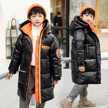 2022 New Boys Down Jacket Long Shiny Over-the-Knee Thickened Western-Style Childrens Disposable Jacket