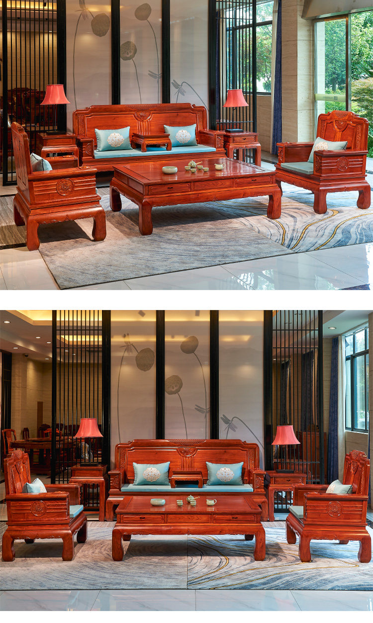 товар из китая 东阳红木家具缅甸花梨木金玉满堂沙发古典新中式大果紫檀沙发组合