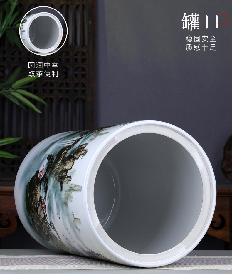 Jingdezhen landscape tea storage tanks large ceramic seal tank super heavy puer tea cake tin tea cylinder