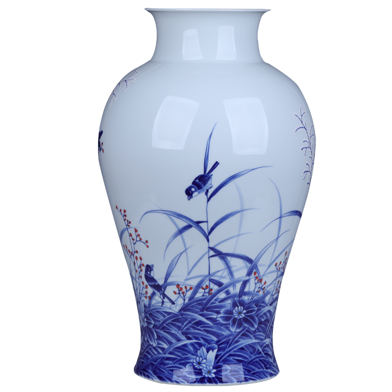 Jingdezhen ceramics by hand the draw reed bird blue and white porcelain vases, furnishing articles be born large flower arrangement sitting room decoration