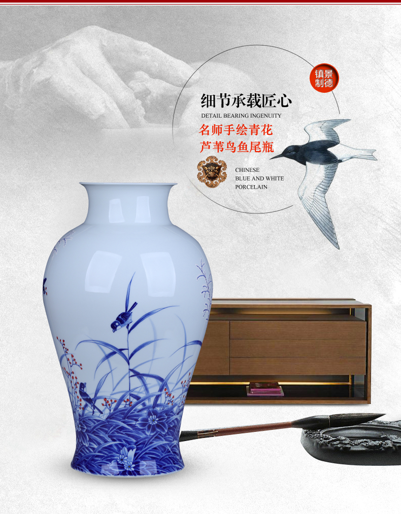 Jingdezhen ceramics by hand the draw reed bird blue and white porcelain vases, furnishing articles be born large flower arrangement sitting room decoration