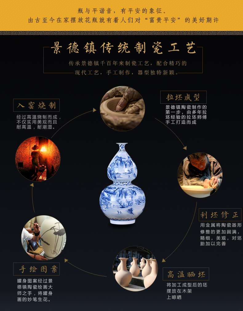 Jingdezhen blue and white porcelain vase gourd furnishing articles opening gifts large sitting room adornment version into the manual