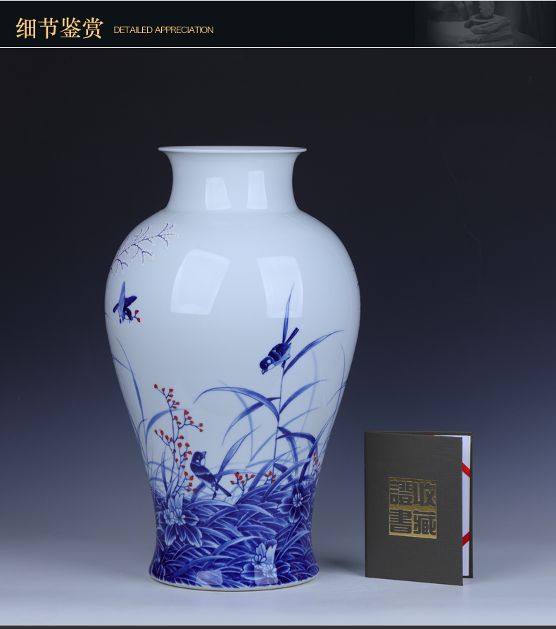 Jingdezhen ceramics by hand the draw reed bird blue and white porcelain vases, furnishing articles be born large flower arrangement sitting room decoration