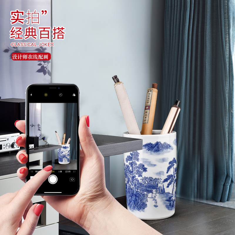 Jingdezhen porcelain and ceramic painting and calligraphy cylinder quiver sitting room adornment furnishing articles study calligraphy and painting scroll cylinder receive a barrel