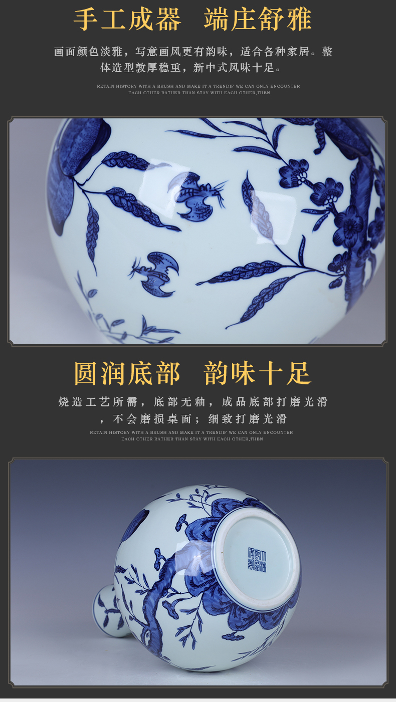 Jingdezhen blue and white nine antique hand - made peach tree ceramic vase Chinese style living room TV ark, flower arranging furnishing articles