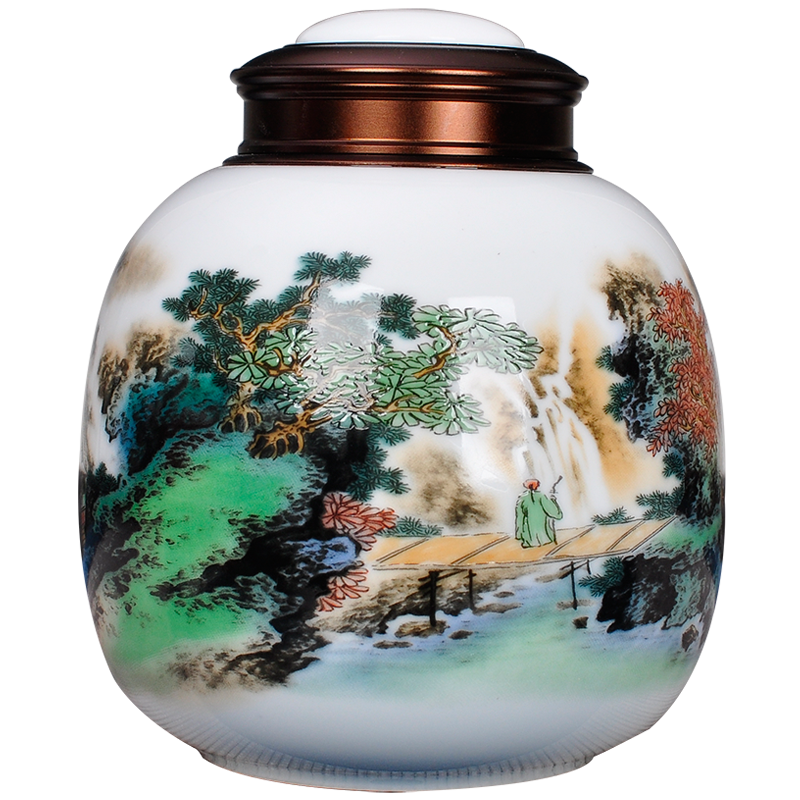 Landscape figure double metal cover ceramic seal caddy fixings tea box general half jins in black tea tea POTS