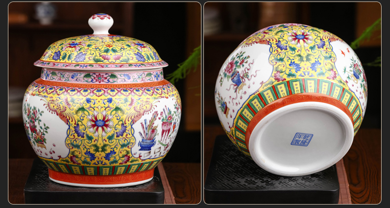 Jingdezhen colored enamel ceramic tea caddy fixings cookie jar with cover sealed container large household receives