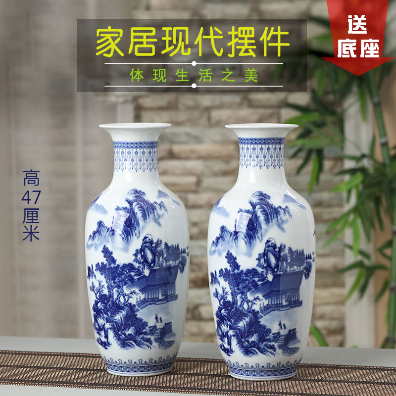 Jingdezhen blue and white porcelain ceramic vase large shan bottle home furnishing articles sitting room put dry flower lucky bamboo porcelain arts and crafts