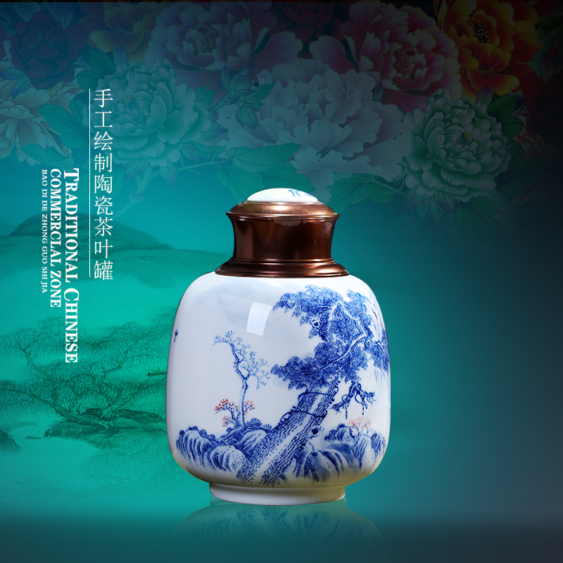 Large sealing ceramic a kilo is installed metal caddy fixings cover save green tea POTS of jingdezhen blue and white porcelain is hand - made tea sets