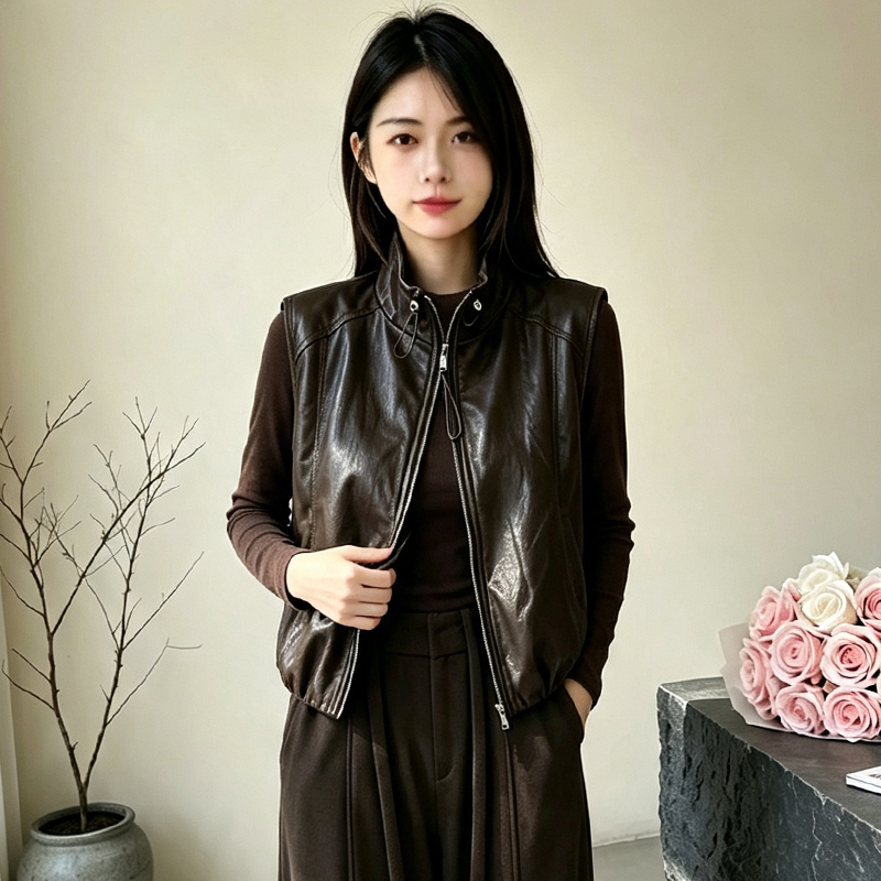 Motorcycle-Style Stand-Collar Leather Vest for Women, New Autumn Short Zipper Slim-Fit Sleeveless Pu Leather Jacket Motorcycle-Style Stand-Collar Leather Vest for Women, New Autumn Short Zipper Slim-Fit Sleeveless Pu Leather Jacket