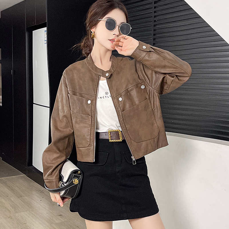 Short Leather Jacket for Petite Women, 2024 Spring and Autumn New Style, High-End Fashionable Biker Pu Leather Jacket
