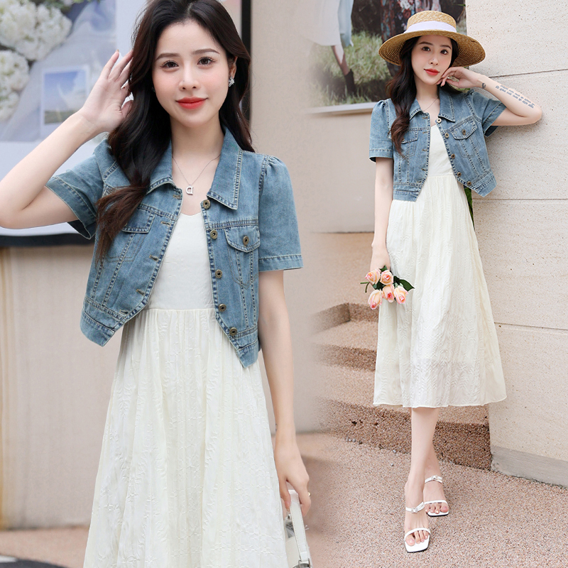 Fashionable Suspender Dress Set for Women, Summer 2026 New Style Denim Short Jacket and Mid-Length Dress Two-Piece Set