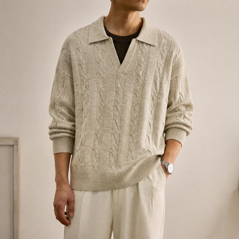 American Retro Cable-Knit Sweater for Men, Autumn Casual Two-Piece Style, Workplace Commute Turn-Down Collar Knitwear American Retro Cable-Knit Sweater for Men, Autumn Casual Two-Piece Style, Workplace Commute Turn-Down Collar Knitwear