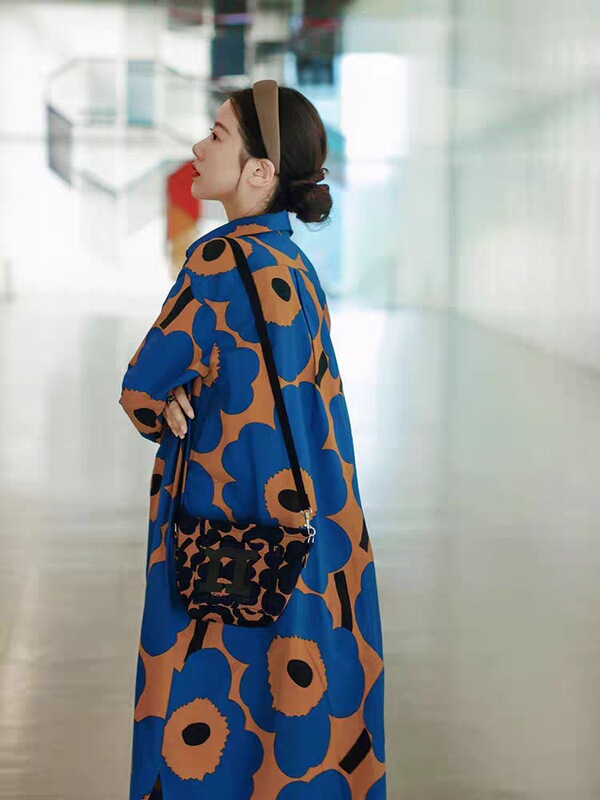 Bright Sunflower, Simple and Elegant Nordic Style Print with Contrasting Colors, Loose Shirt Dress, Long-Sleeved Mid-Length Dress
