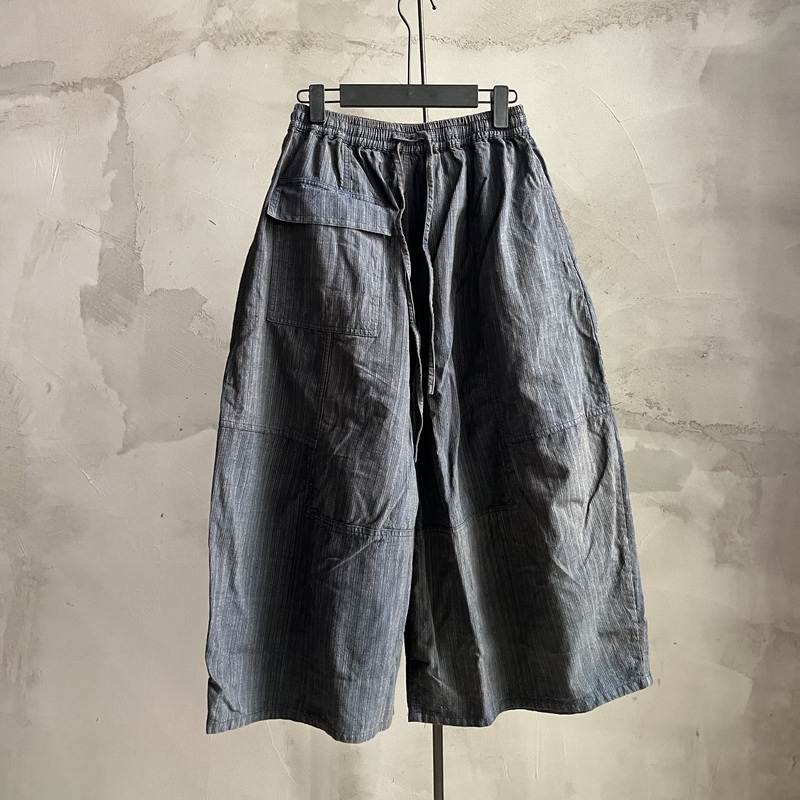 Patchwork Long Pants Made from Aged Cloth with Traditional Fabric Pockets and Striped Fabric, Assorted Materials