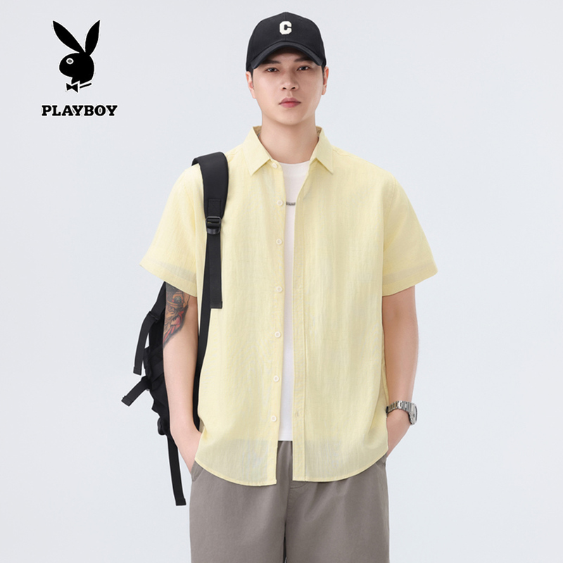 Playboy Cream-Colored Short-Sleeve Shirt for Men, Summer Thin Style, High-End Feel, Clean and Stylish Men's Wear Shirt Jacket