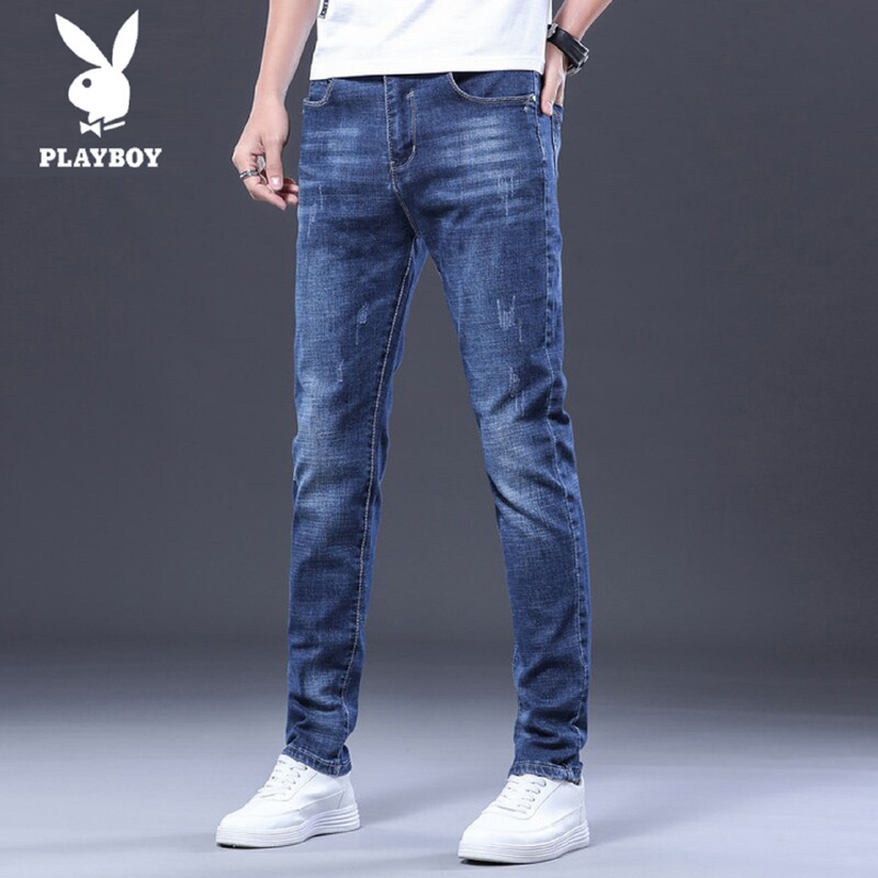 Playboy 2026 Spring/Summer Thin Blue Jeans Men's Slim Fit Straight Elastic Skinny Pants for Men