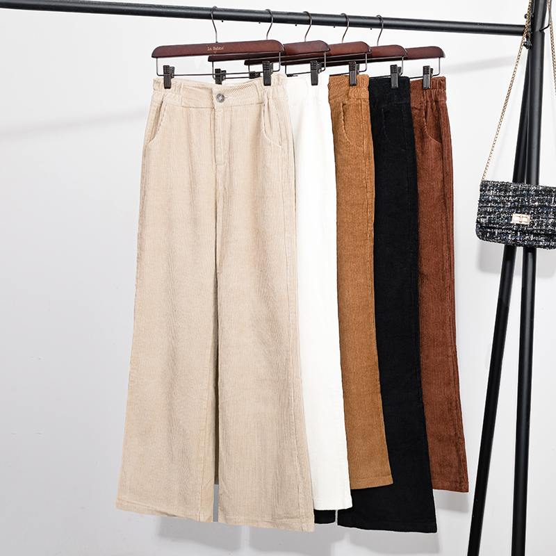 Spring and Autumn Pure Cotton High-Waisted Corduroy Pants, Wide-Leg Pants, Women's Long Pants, Khaki Straight-Leg Pants, Corduroy Pants, Loose Casual Pants