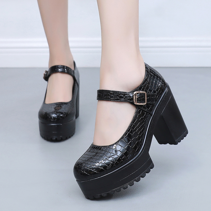 Genuine Leather High-Heeled Shoes for Women, Thick-Heeled Patent Leather Platform Shoes, Thick-Soled Leather Shoes for Spring and Autumn, Non-Tiring, Catwalk, Large Size Women's Shoes