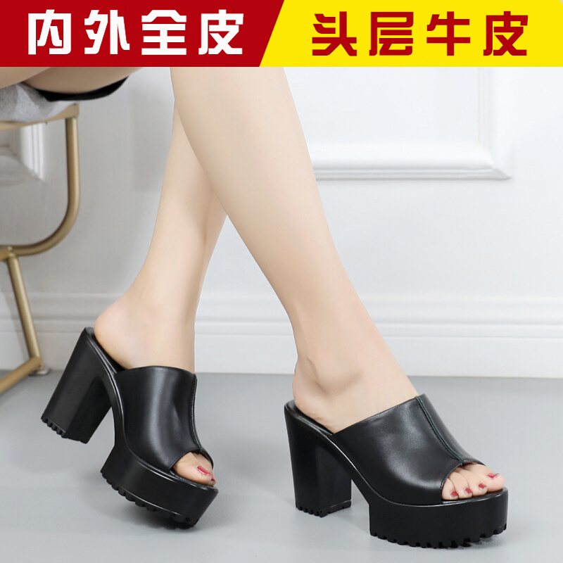 Thick-Heeled Genuine Leather Large-Size Sandals for Women with Waterproof Platform, Sizes 41, 42, 43, Summer Women's Shoes, Open-Toe, Outdoor Wear, Thick-Soled High-Heeled Slippers