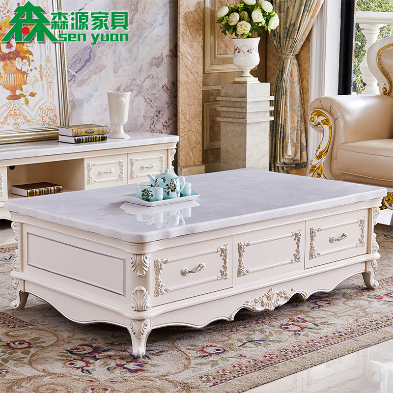 Eurostyle marble tea table storage cabinet living room solid wood white square French style European style tea table short table cupboard