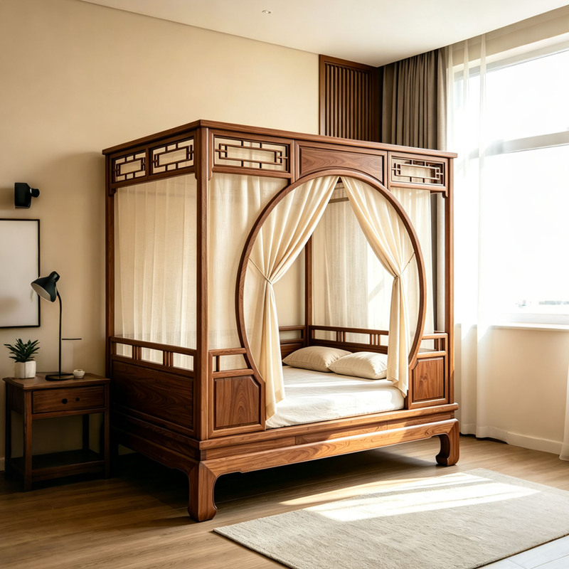 Song-Style Aesthetic Solid Wood Frame Bed, New Chinese Style North American Black Walnut Pull-Out Bed, Home Bedroom Four-Poster Bed, Wedding Bed