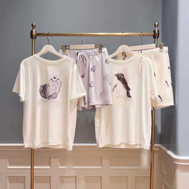 Soft and Fluffy Summer Home Clothes for Women, New Cartoon Bear and Leopard Print Short-Sleeved Shorts, Pajamas, Women's Suits That Can Be Worn Outside