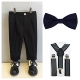 Черные брюки + темно-синий галстук-бабочка + подтяжки в черно-белую полоску.