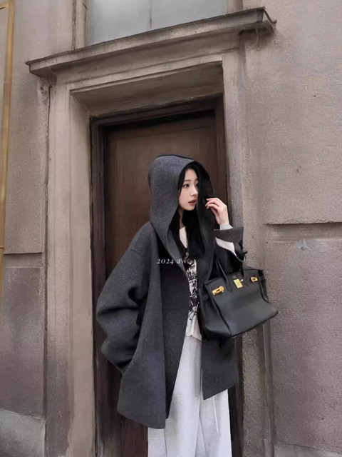Gray Double-Sided Cashmere Coat for Women 2025 Autumn and Winter New Korean Style High-End Woolen Coat for Petite Women