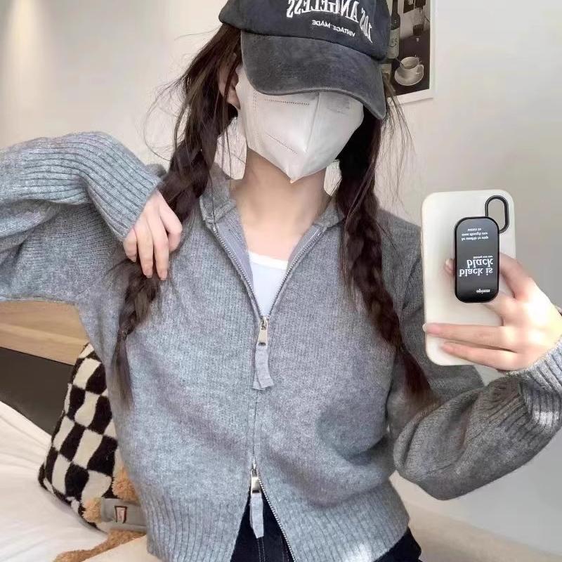 European Fashion Double Zipper 100% Pure Wool Cardigan for Women, Thick Hooded Knitted Sweater Jacket, Short Gray Top