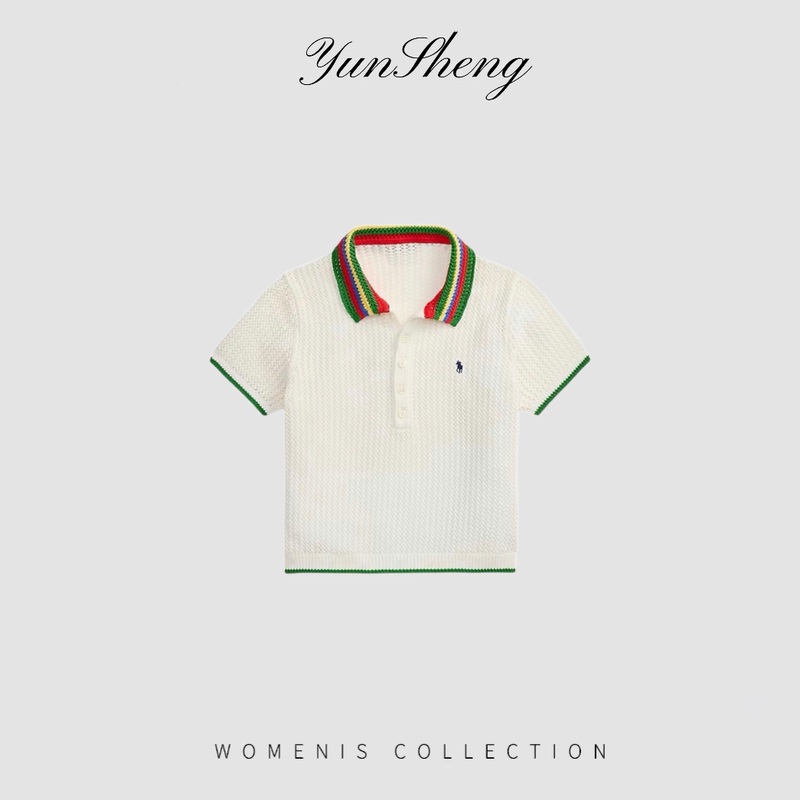 Yunsheng Ss26 Nanyou Colorful Collar Hollow Striped Ribbed Embroidered Pony Polo Shirt Slim Fit Women's Yunsheng Ss26 Nanyou Colorful Collar Hollow Striped Ribbed Embroidered Pony Polo Shirt Slim Fit Women's