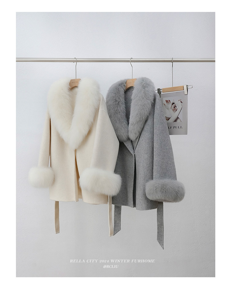 New Gray Double-sided Cashmere Coat Womens Fox Fur and Grass Fur